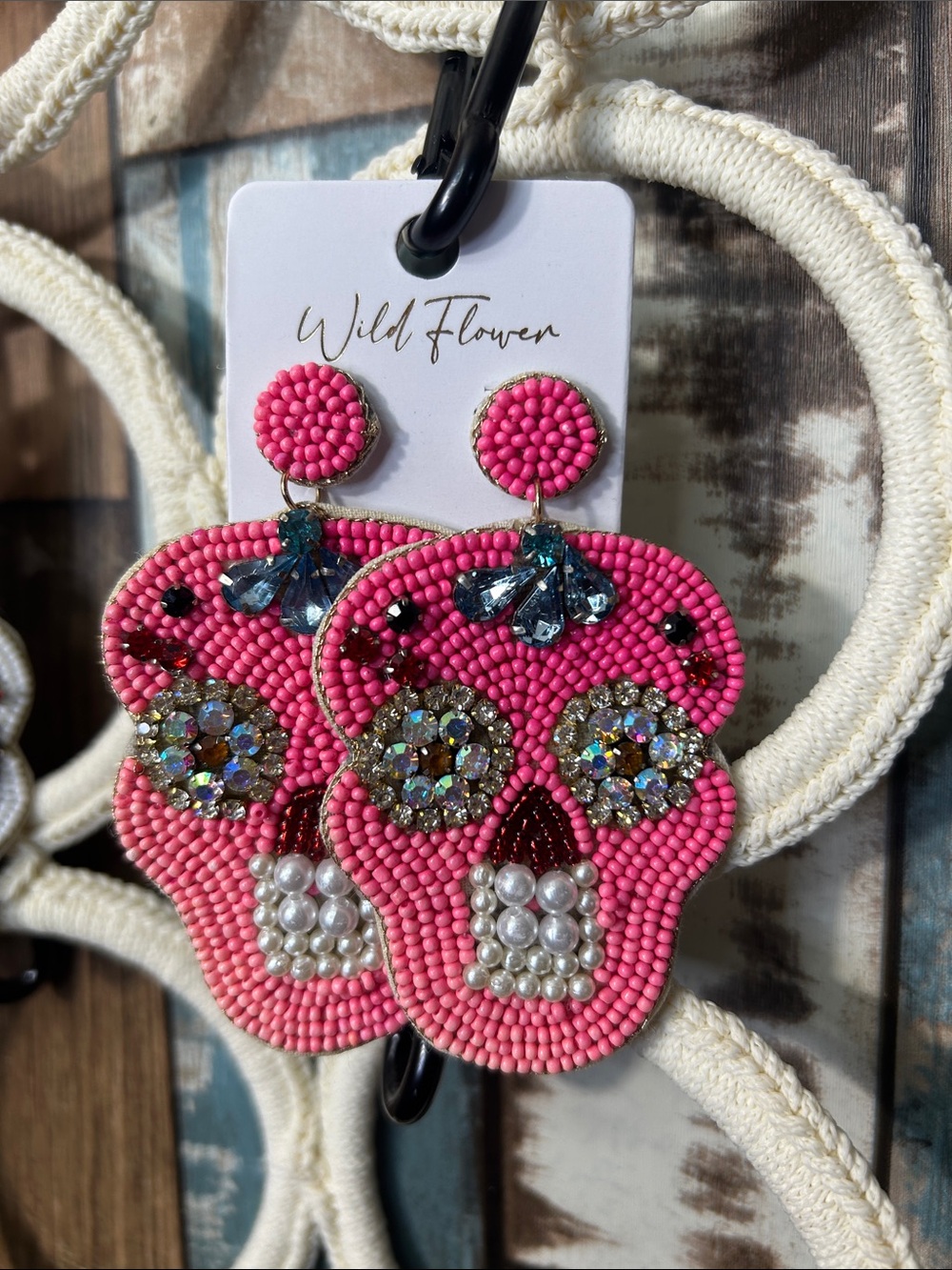 Wildflowers Hot Pink Beaded Skull Drop Earrings with Crystal Accents